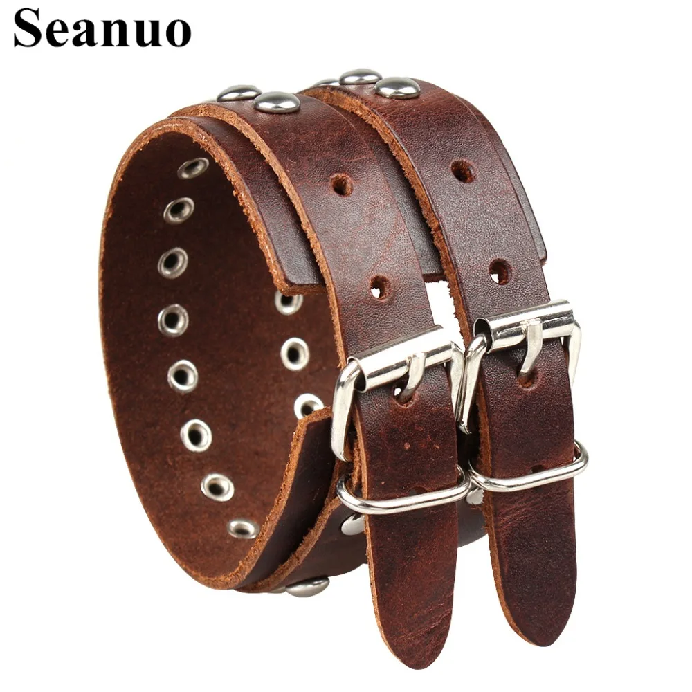 

Seanuo 26*4.5CM Double belt round rivet wide men women leather cuff bracelet punk rock male charm sport biker wrap bracelet gift