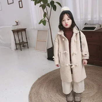 

2019 Autumn Winter Children's Lambswool Jackets Long style Faux Wool Clothes Full Sleeve Girls Beige Wool CoatsToddler Warm coat