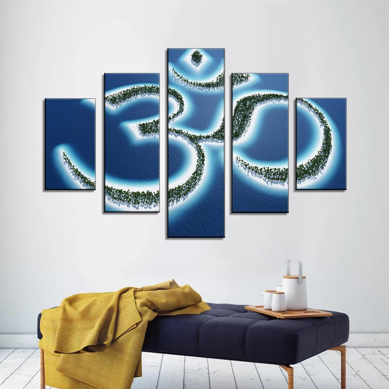 Слог Aum картины Buddism символ искусства Giclee 5 панель индический текст настенная