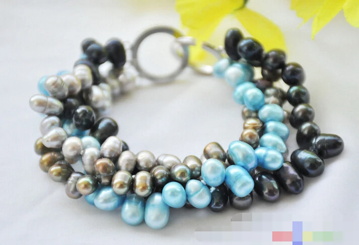 

01296 4row 8" rice black gray blue freshwater pearl bracelet