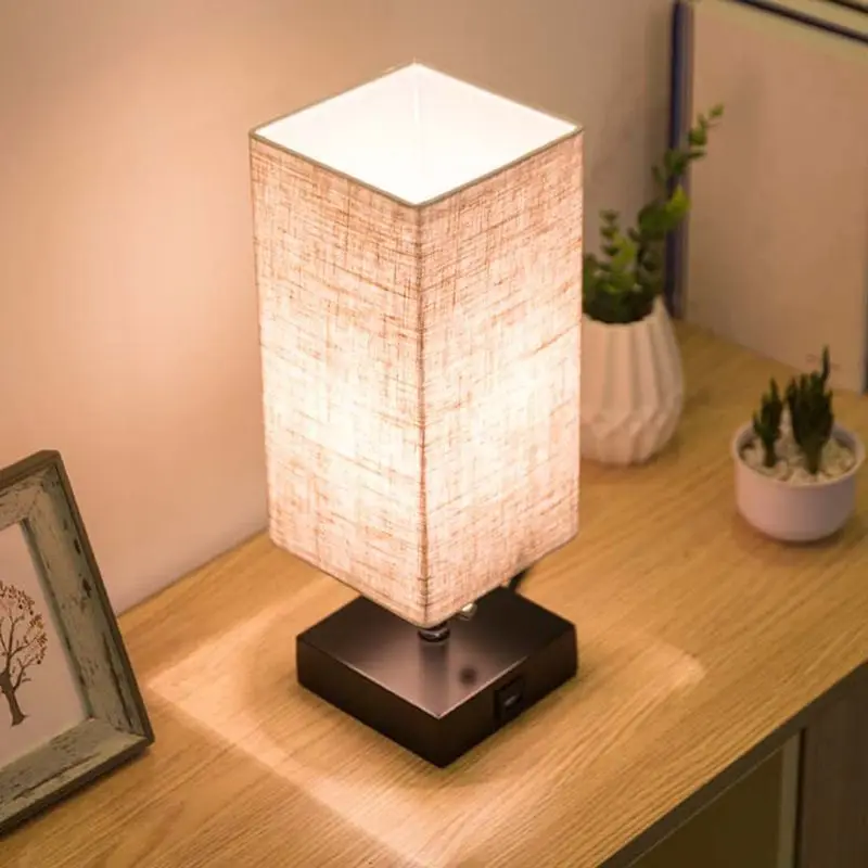 Wood Base Fabric Shade Bedside Table Lamp With USB Port & Pull Switch Modern Design