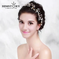 HIMSTORY ручной работы невесты золотой кристалл жемчуг цветок Hairband свадебные аксессуары для волос Роскошная тиара Свадебная повязка на голову - изображение