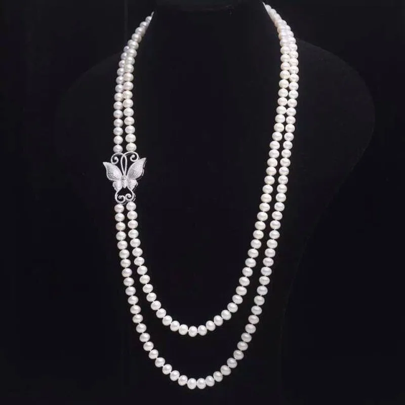 butterfly-Double-row-AA7-8mm-white-natural-freshwater-necklace-inlay-zircon