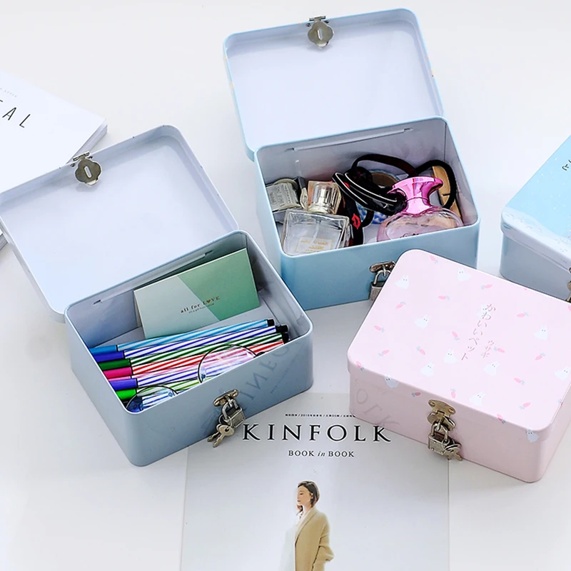 Tinplate Cosmetic Storage Box With Lock Jewelry Makeup Skin Care Lipstick Brush Office Articles Organizer Sundries Container