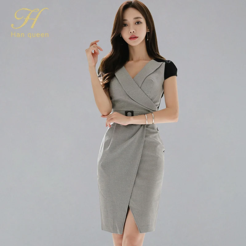 

H Han Queen Elegant Patchwork Business Bodycon Dress Women 2019 Summer Notched Neck Dresses OL New Fitted Sheath Pencil Vestidos