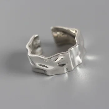 

Authentic S925 Sterling Silver FINE Jewelry Irregular Geometric uneven Twisted Band Wider Long Rings adjust TLJ553