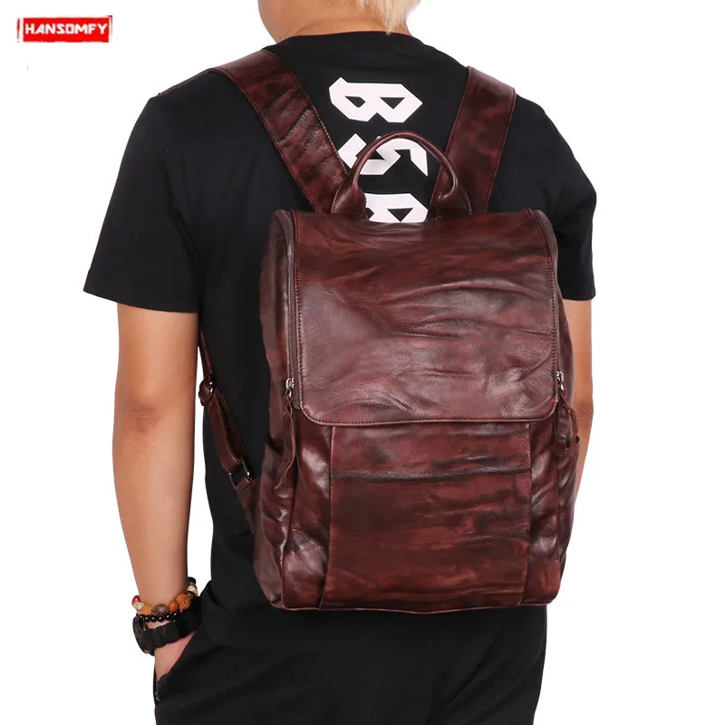 

2019 New Outdoor leisure men's backpack vegetable tanned leather retro men shoulder bag vintage travel 15" computer backpacks