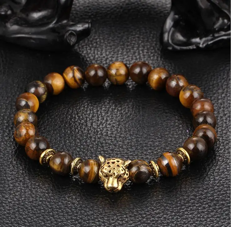 

BPPCCR Natural lapis lazuli Tiger Eye Hand string prayer beads silver Bracelets Leopard lion head Top gold Elasticity Bracelet