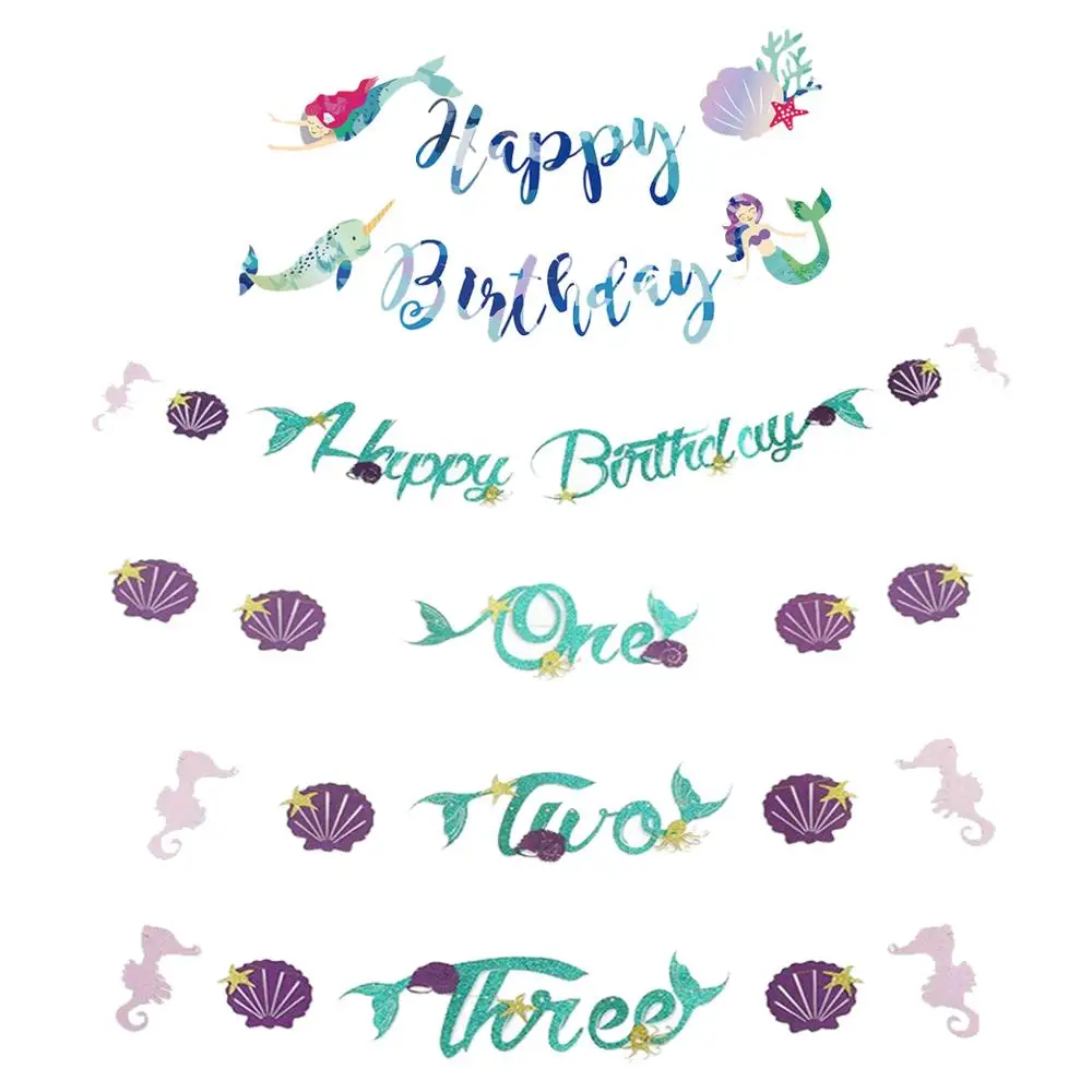 Mermaid Happy Birthday Banner Number 1 One Two Three 1st Mermaid