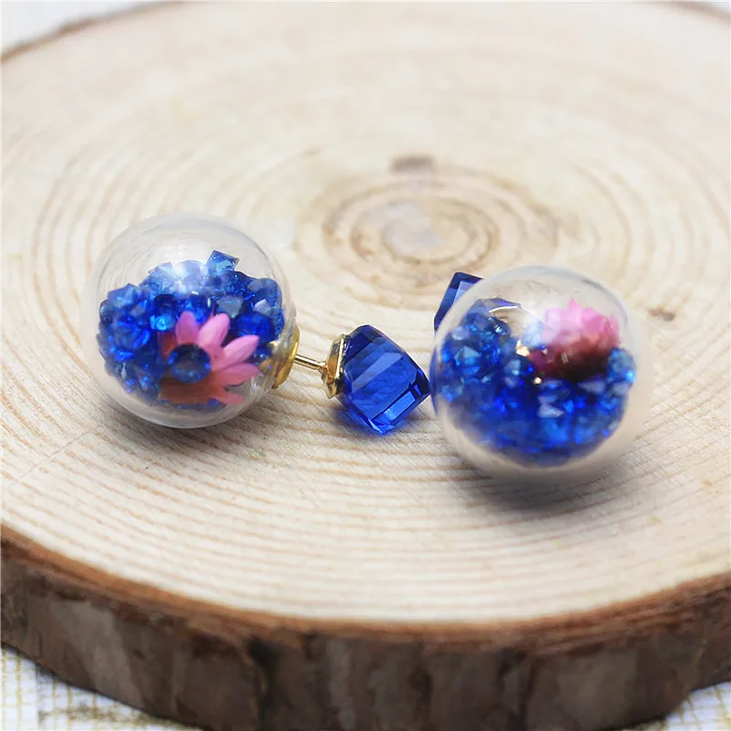 

2019 new design summer style Dried flowers transparent glass crystal ball square drill earrings double side earrings for women
