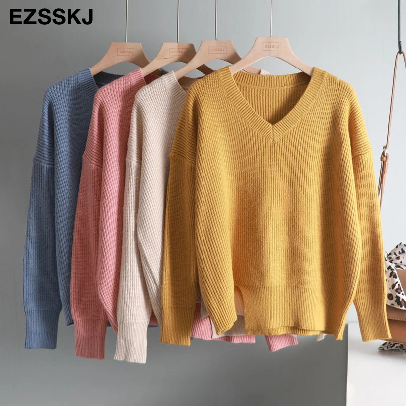 

v-neck Loose Korean autumn winter thick Coarse wool sweater pullover oversize sweater women lazy big sweater female cashmere top