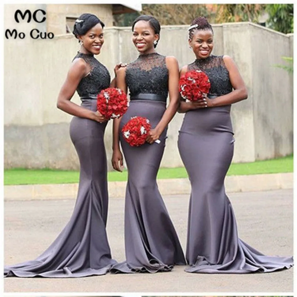 Newest Mermaid High Neck Sleeveless Beading Unique Long Bridesmaid Dress