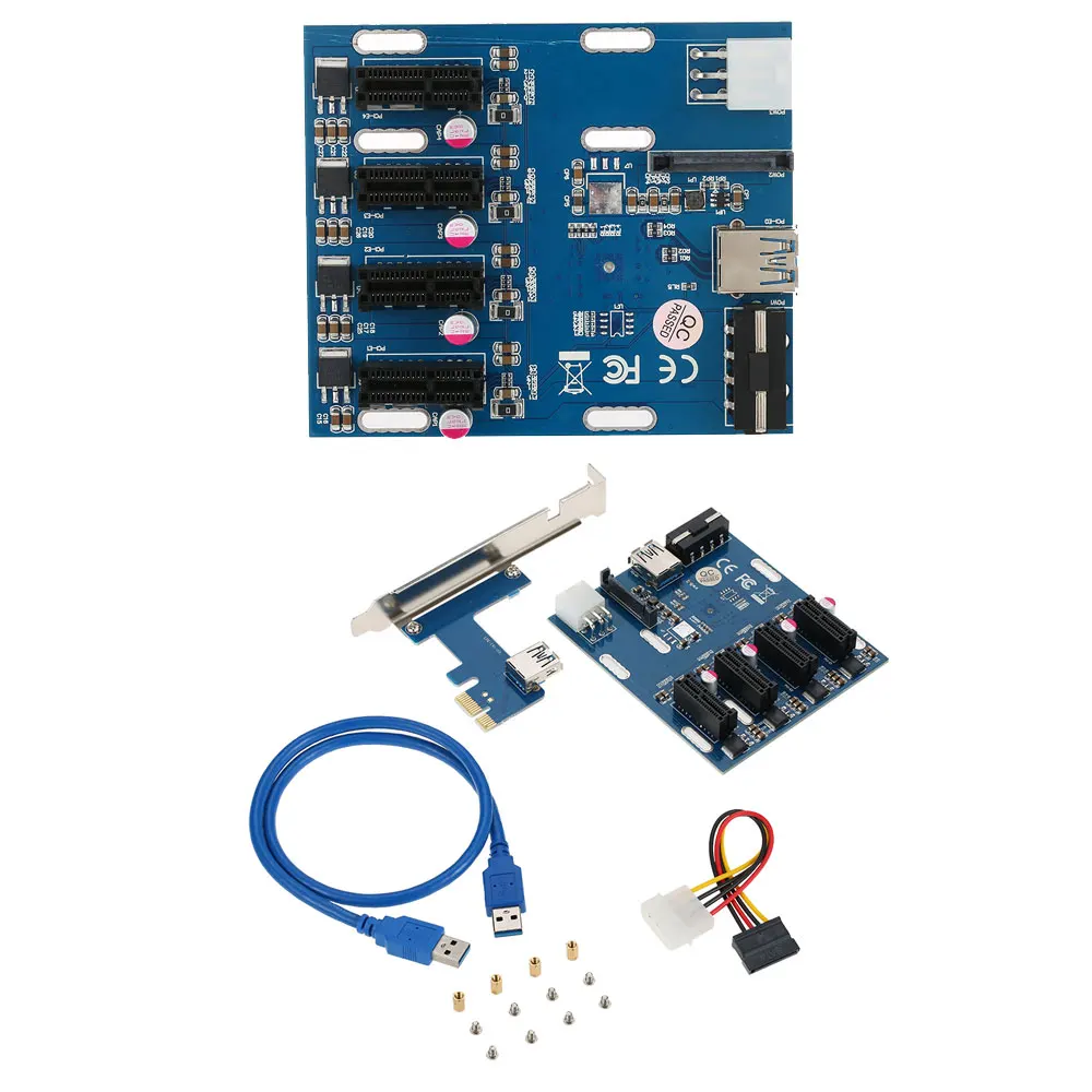 PCI E Riser 1X Expansion Kit 1 to 4 Slots Switch Multiplier Hub Riser Card Adapter USB 3.0 Cable