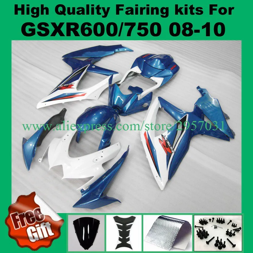 100%Fit blue white Fairings for GSXR600 GSXR750 2008 2009 2010 SUZUKI K8 K9 GSX-R600 GSX-R750 08 09 Injection mold Fairing kit | Автомобили