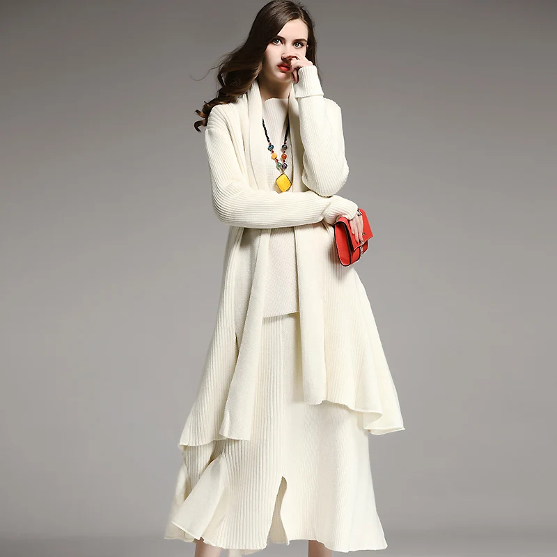 

Best Quality Fashion Designer Clothing Sets Women Wool Cardigan Long Coats+Hollow Out Knitted Wool Sweater+A-Line Wool Skirt Set
