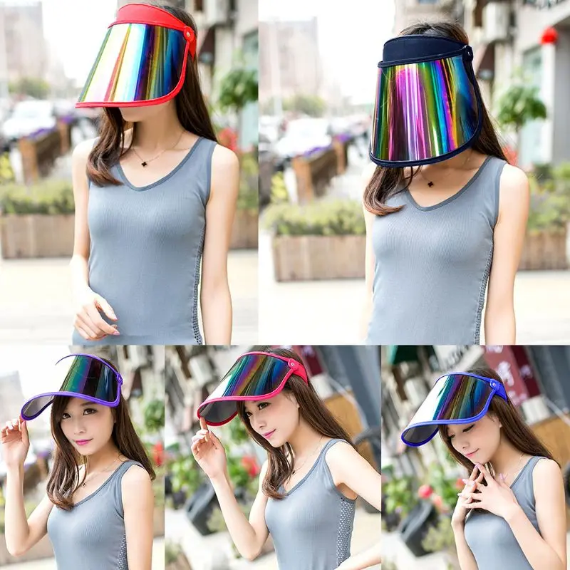 

Women Summer Empty Top Sun Visor Hat Rainbow Plastic Panel UV Protection Adjustable Angle Large Wide Brim Motorcycle Beach Cap