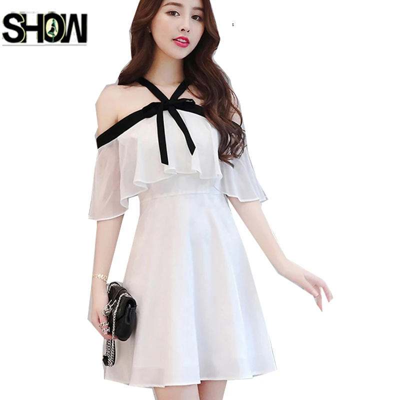 

Chiffon Dresses Bow Hot Selling Women Fashion Korean Style Summer Off Shoulder Dress Elegant Ladies White Work Sexy Party Dress