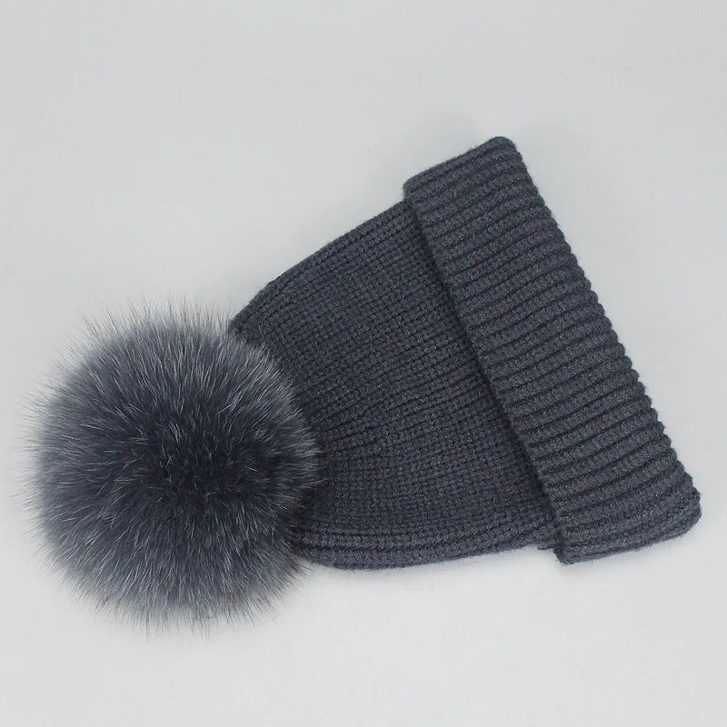 Winter Beanies Fox Pompom Fur Wool Knitted Hat The Female Of The Mink Caps Beanie Hats For Women Girl 'S Hats Scarves Cap Scarf - Цвет: Hat Dark Gray