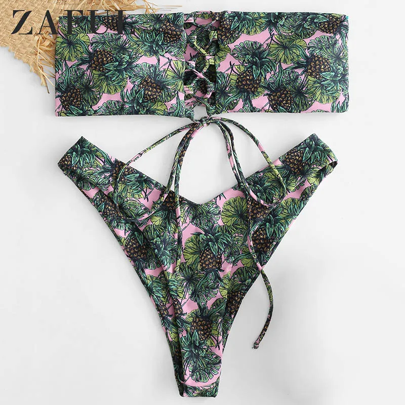 

ZAFUL Women 2019 Sexy Women'S Pineapple Printing Lace-Up Bandeau Tie Side String Padded Wireless Bikini Set Bathing Bikini Suit