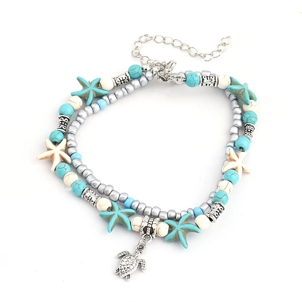 

Beads Sea Turtle Pendant Double Anklet Beach Sandal Summer Ankle Jewelry for Ladies Gift or Daily Wearing