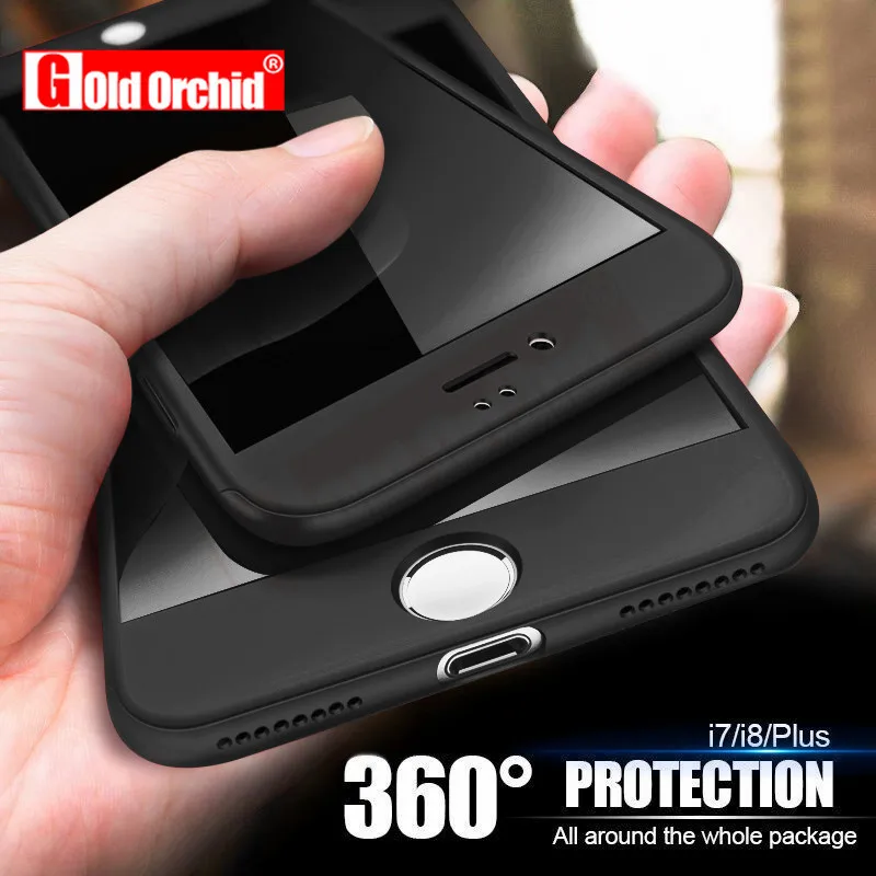 

Gold Orchid 360 Degree Full Cover Case For iPhone 6 6s 7 Plus Cases wish Tempered Glass For iphone 8 8 Plus X Phone Case Capa