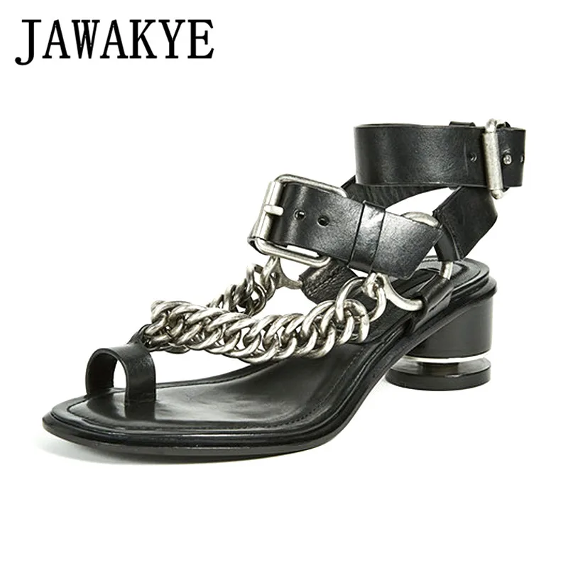 

2018 New Flip Flops Chain Women Sandals Leather Metal Chains kitten heels Punk Sandal Ankle Strap Summer Shoes Sandalias mujer