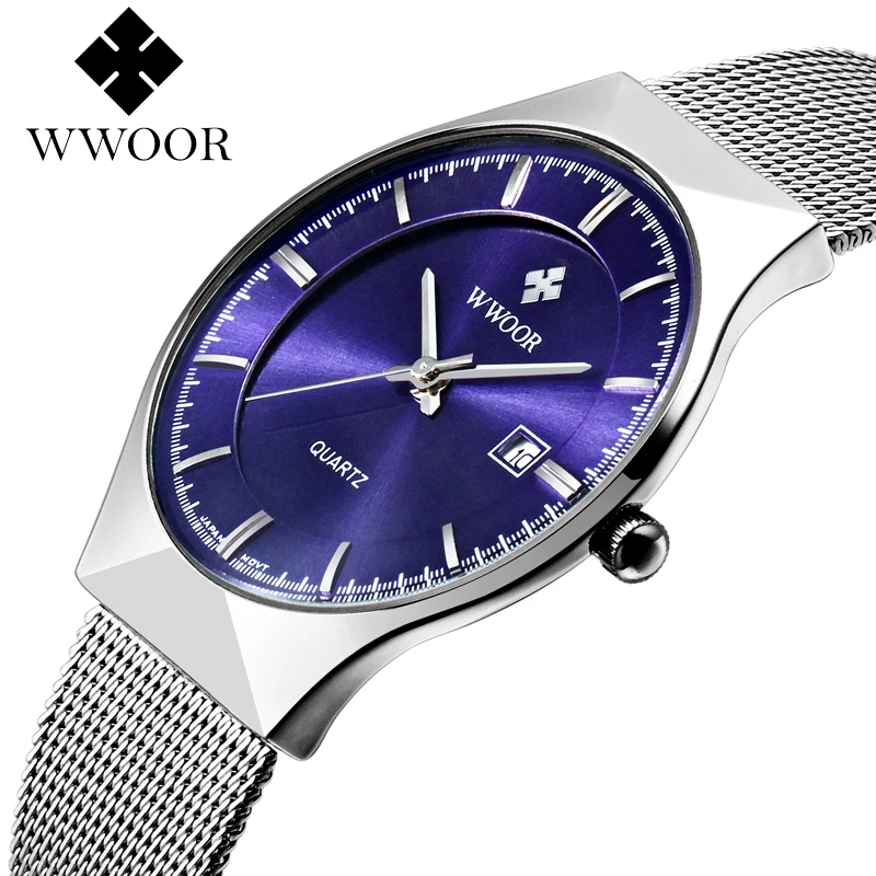 Супер тонкие кварцевые повседневные наручные часы Топ бренд WWOOR аналоговые кварцевые часы из нержавеющей стали мужские Relojes Hombre
