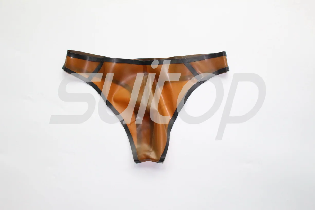 Men 's rubber latex briefs thong in trasparent brown and black