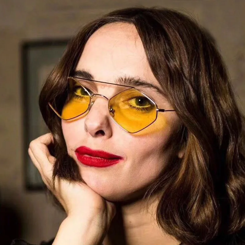 

2019 Europe And America Small Sunglasses Unique Pentagon Sunglasses Double Bridge Sunglasses Metal Frame Transparent Ocean Lens