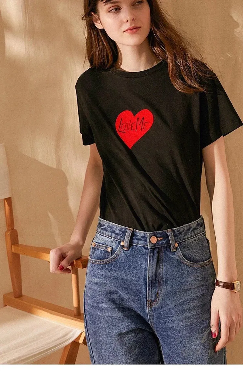 

2019 New Women Summer T-shirt Love Heart and Letter Print White Black Cotton T Shirt