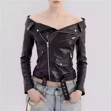 Осенняя мода отложной воротник куртка из искусственной кожи Для женщин зимние пальто обтягивающая, с открытыми плечами мотоцикл Искусственная кожа куртка мотоциклиста; W01