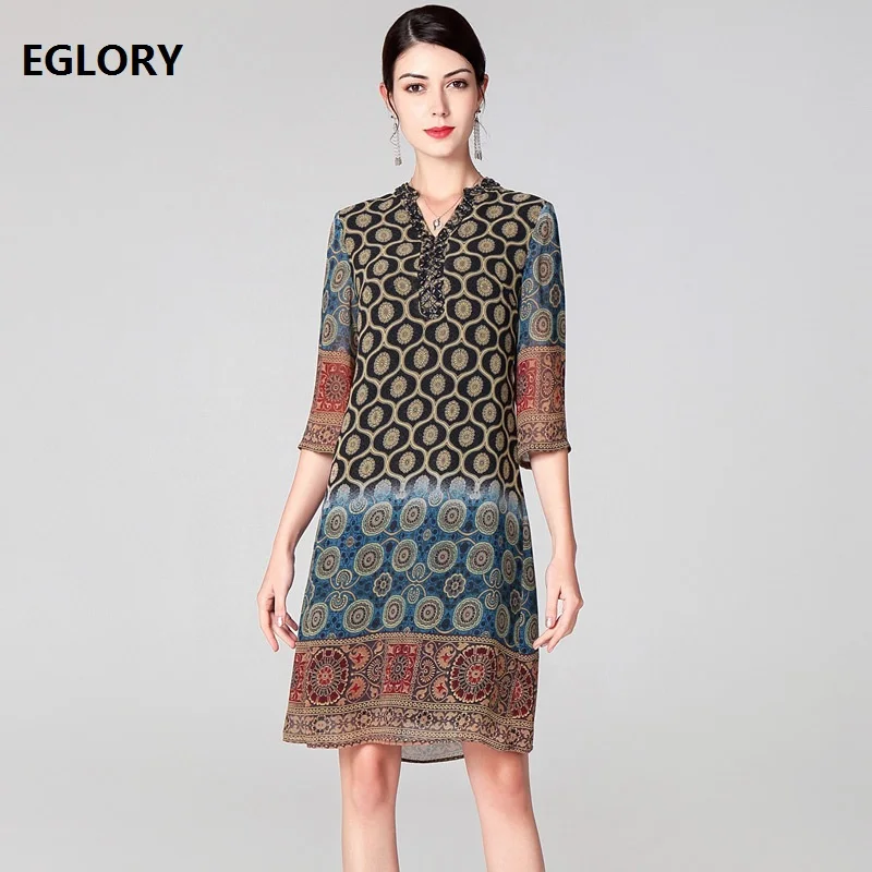 

Vintage Dress 2019 Spring Summer Style Woman V-Neck Beading Ethnic Print 3/4 Sleeve Knee-Length Straight Dress Oversize Femme