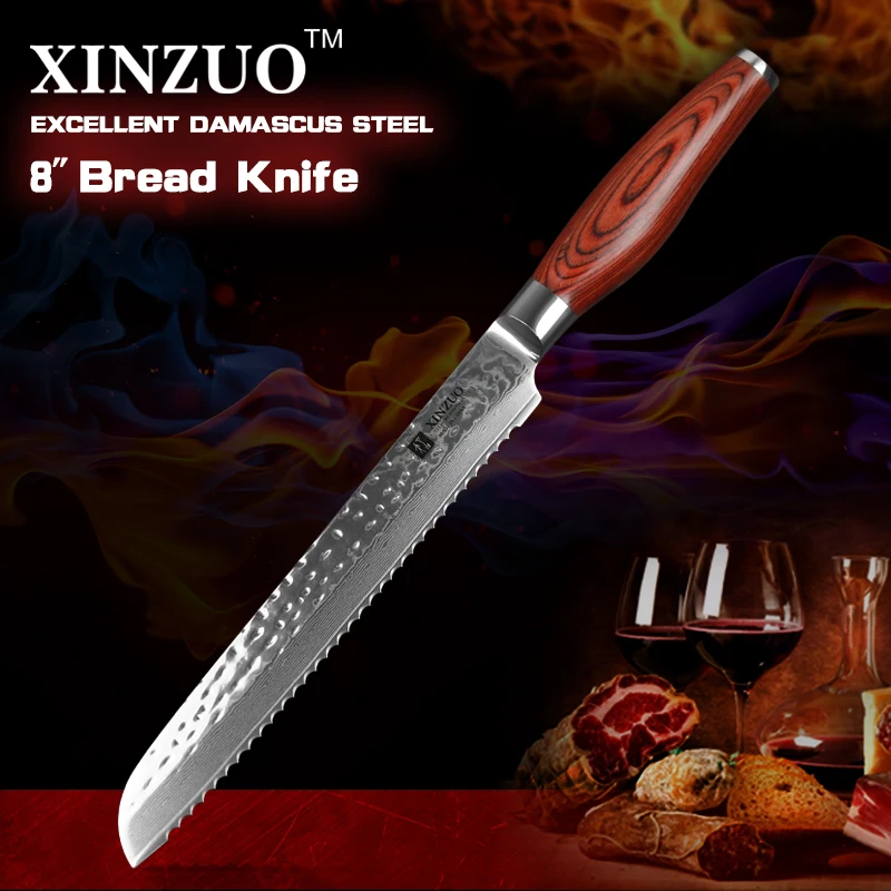 

XINZUO 8" inches Cake Knife Stainless Steel Professional Bread Knife Ultra Sharp Damascus Steel Kitchen Knife Pakkawood handle