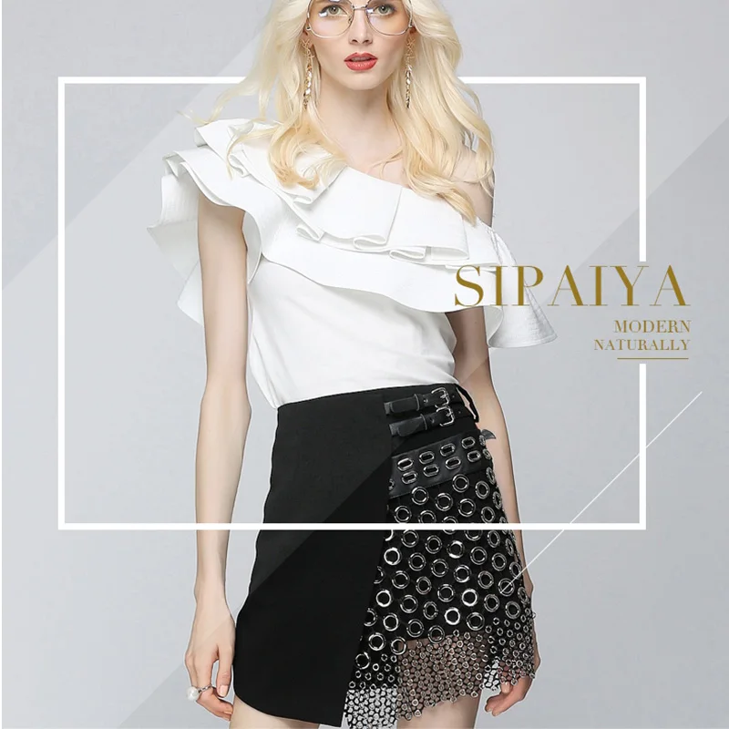 

SIPAIYA Brand Fashion Work Office Lady Wear Skirts Punk Style Steel Rings Irregular New Lace Hook flowers Hollow Out Mini Skirts