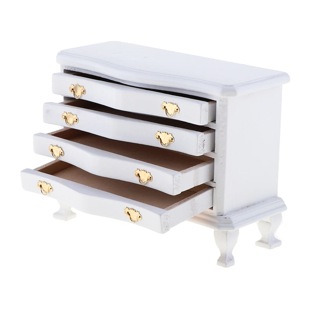 1/12 Dollhouse Miniature Furniture White Dresser 4-Drawer Cabinet Living Room Bedroom Life Scenes Decor Accessories