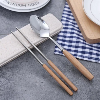 

Stainless Steel Cutlery Set Chopsticks Spoon 2-Piece Suit Portable Travel Flatware Set With Wooden Handle In Box Dinnerware