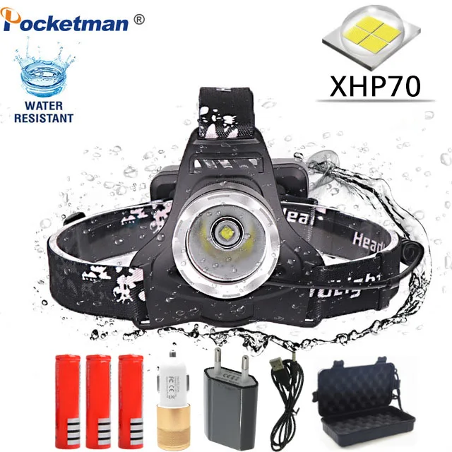 

40000LM Headlamp XHP70 LED Headlight 40W Head lamp Rechargeable Forehead Flashlight Torch with USB Rechargeable 3*18650 Battery