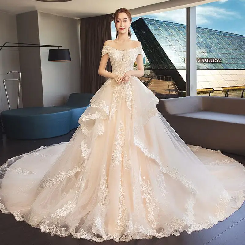 Г. Новинка Mrs Win Vestido De Novias элегантное роскошное платье принцессы с вырезом лодочкой винтажное Свадебное Платье F - Цвет: Шампанское