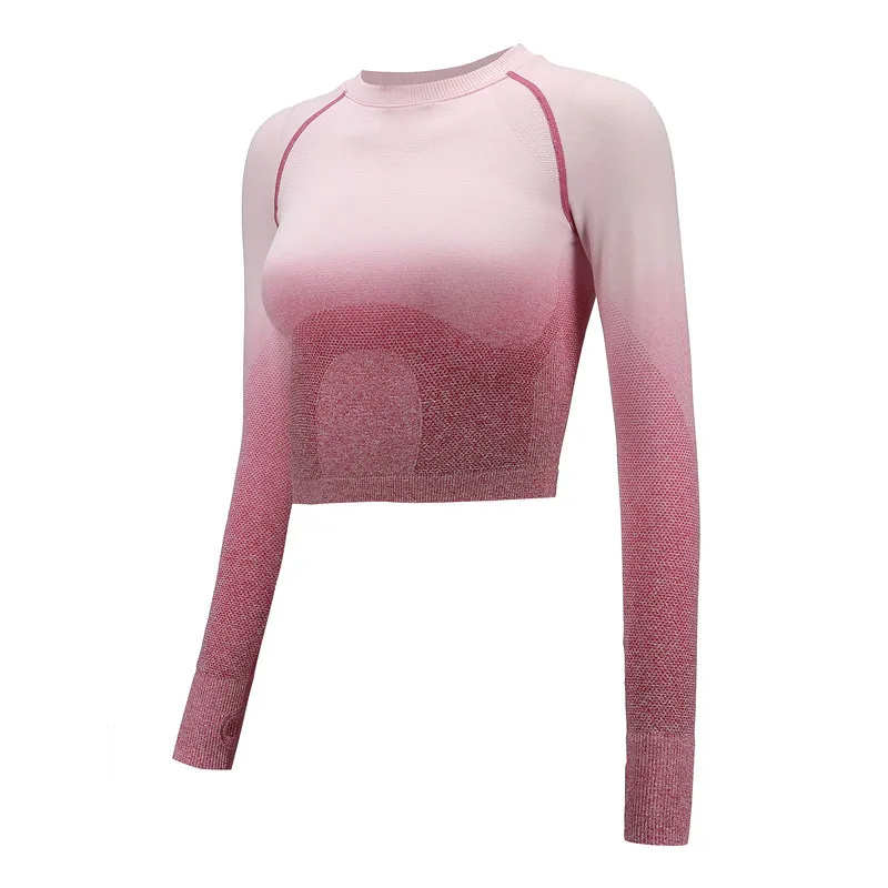 Colorvalue Ombre Seamless Workout Sport Crop Tops Women Anti-sweat Nylon Gym Fitness Crop Top Long Sleeve Shirt with Thumb Holes