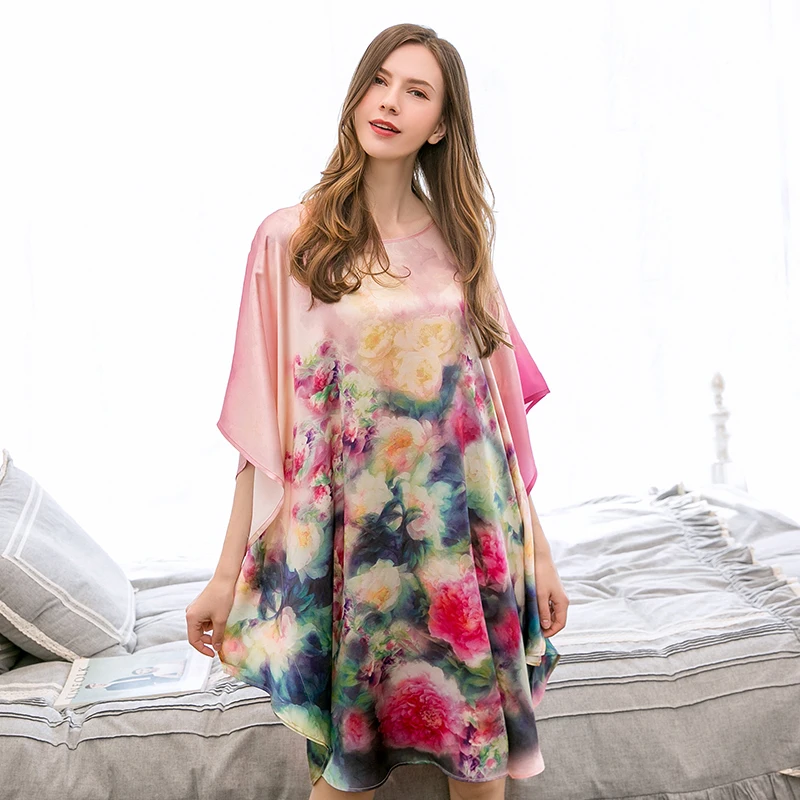 

Women 100% Real Pure Silk Nightgown Night Dress Summer Thin Loose Large Plus Print Natural Silk Nightdress Nightwear For Ladies