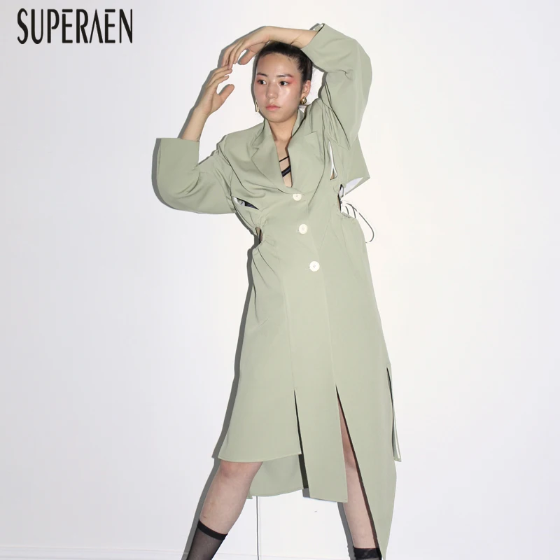 

SuperAen 2019 Autumn New Trench Coat for Women Solid Color Wild Europe Ladies Windbreaker Drawstring Women Clothing