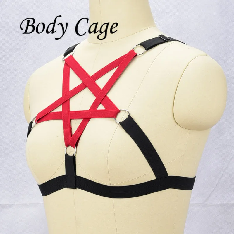 Клетки тела Лето Harajuku сексуальный бюстгальтер ремня Для женщин Красный пентаграмма черный эластичный нижнее белье Femme ремень Rave Готический боди