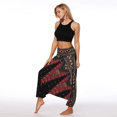 

2019 women's Indonesian national costume style flower print belly dance loose broad leg lantern pants Yoga Leggings