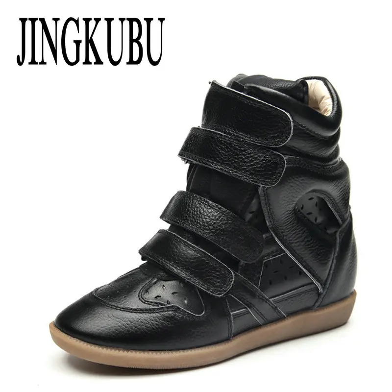 

JINGKUBU Genuine leather Women Winter Hook Loop Ankle Boots Female Black Platform Height Increased Sneakers Casual botas mujer