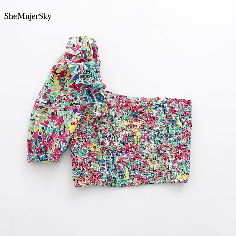 

SheMujerSky Sexy One Shoulder Tops Women Elastic Print Blouse Summer Short Shirt 2019 blusas femininas