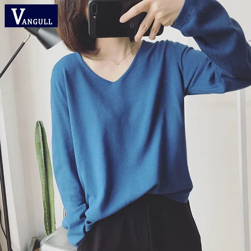 

Vangull Sweater V-Neck Women 2019 New Autumn Cashmere Sweater Solid Sexy Pullovers Coat Female Casual knitted Winter Sweater