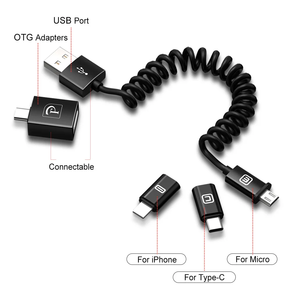 

PADCOVER USB 6 in 1 Type C USB Cable for iPhone XS Max XS Micro Cable for Xiaomi Huawei Samsung Spring-loaded Charging Cable