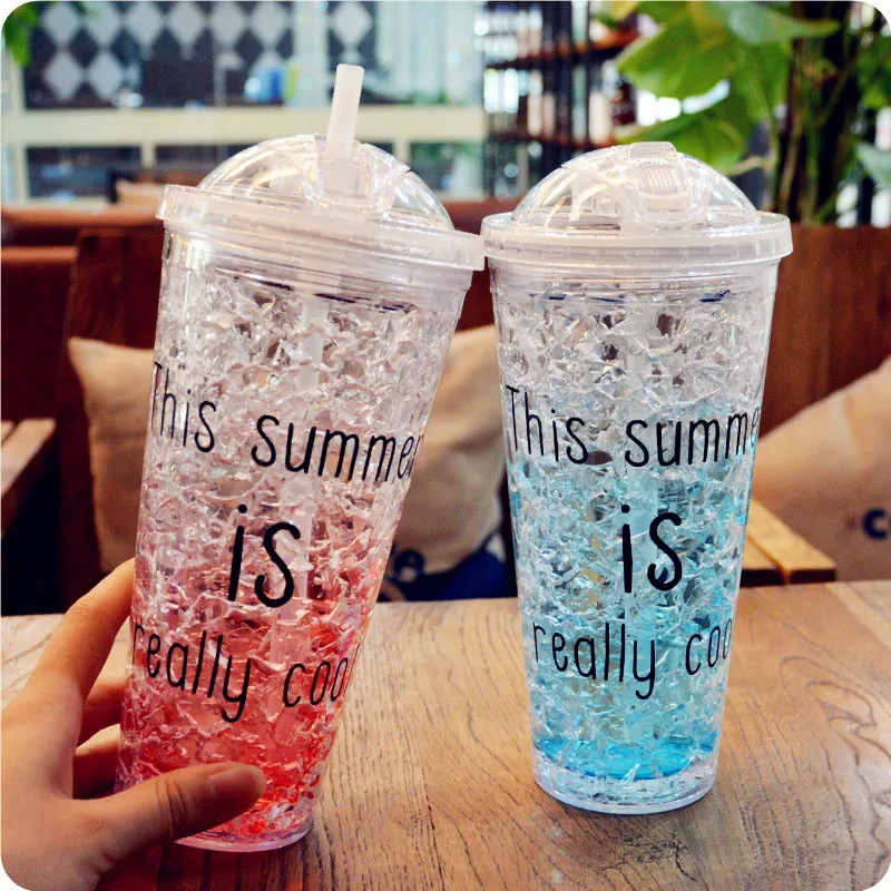 

Creative Summer Ice Cup Student's Double-layer Plastic Water Cup with Covered Pipette Refrigerated Crushed Ice Cup