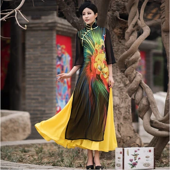 

Vietnam aodai Graceful Stand Collar Robes Elegant Design Flower Fashion high quality chiffon big swing Improved Long Cheongsam