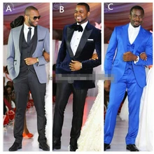 Новое поступление Костюм Джентльмена синий темно-синего и серого цветов на Для мужчин; обувь для выпускного бала, свадебные костюм к ужину комплект из 3 предметов в стиле смокинга жениха Блейзер индивидуальный заказ